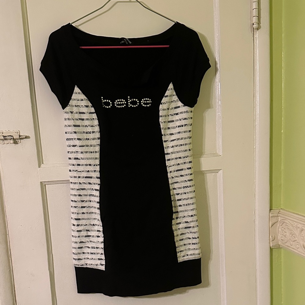 bebe Black and White Logo Bodycon Mini Dress